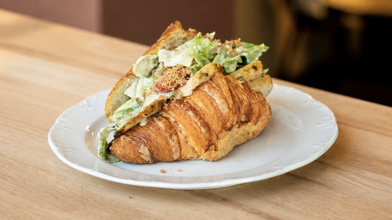Hähnchen-Sandwich im Croissant – Frühstück im ERET Café Mülheim